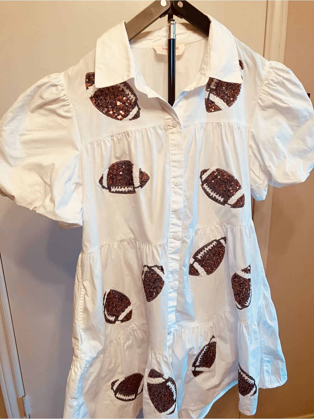 Peach Love White Sequin Football Tiered Babydoll Gameday Shirt Dress - Medium